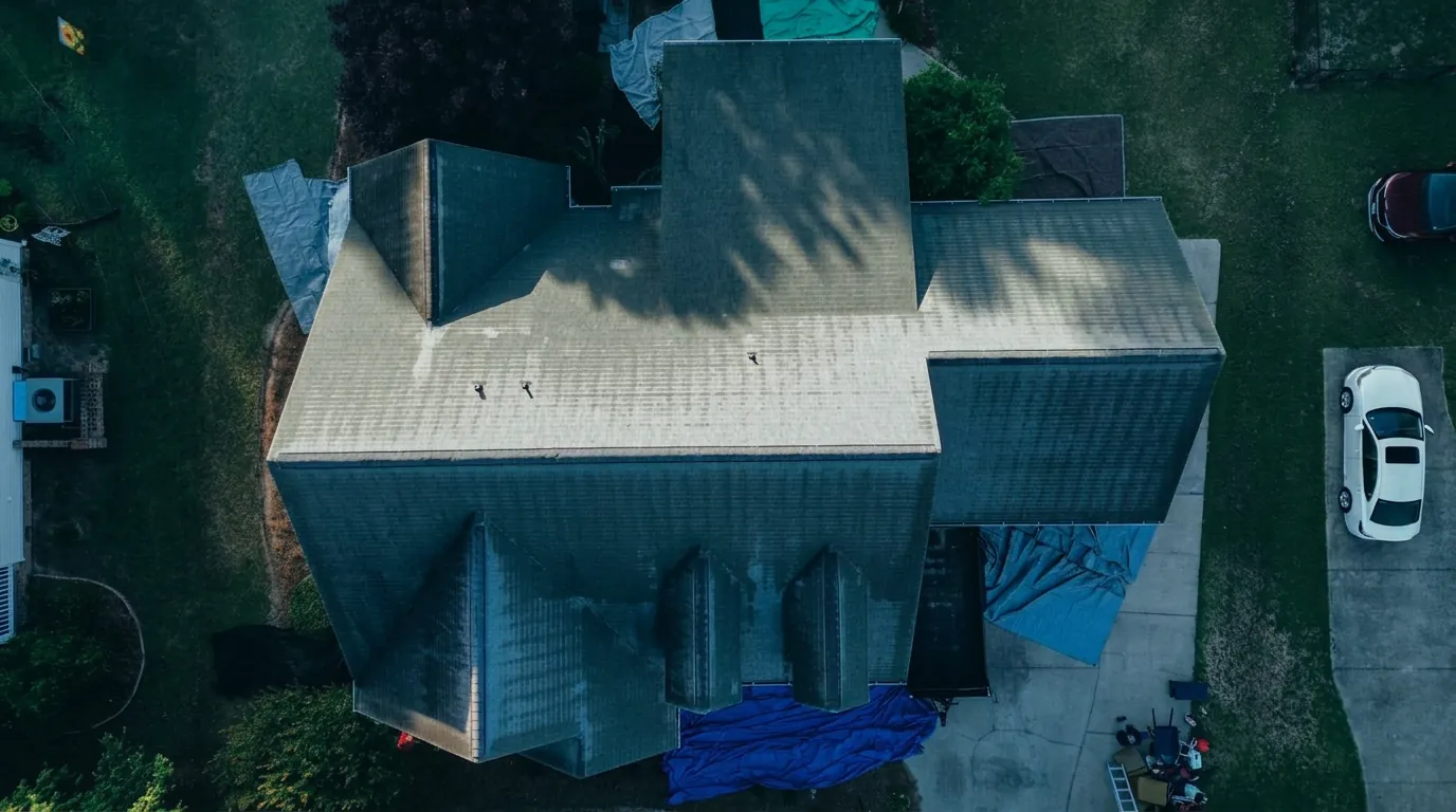 Aerial view of an aging shingle roof with tarps laid around the house before tear-off