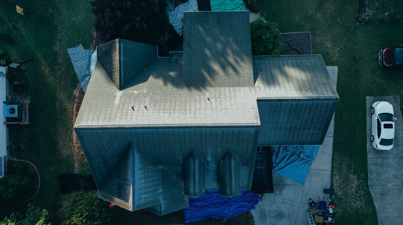 Aerial view of an aging shingle roof with tarps laid around the house before tear-off