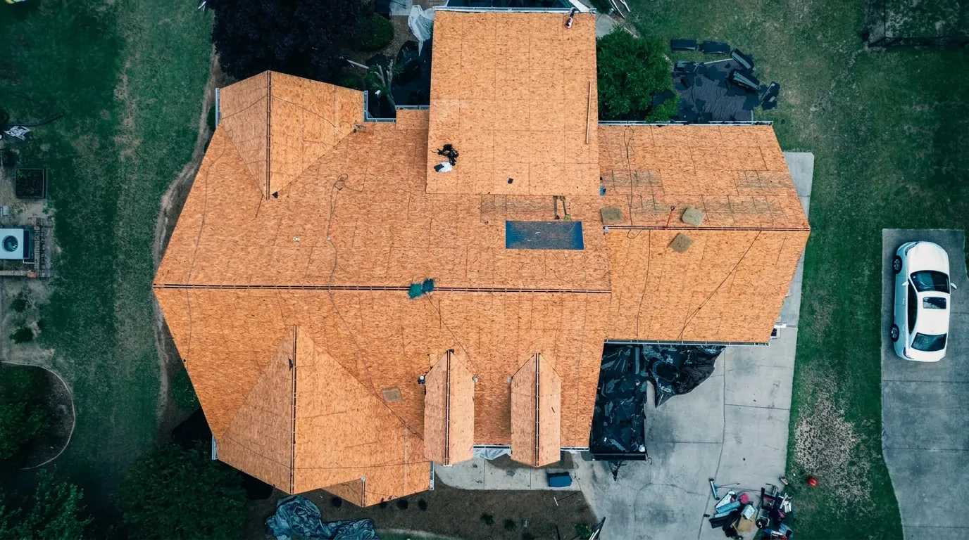 Aerial view of a house stripped to bare plywood roof decking mid-project