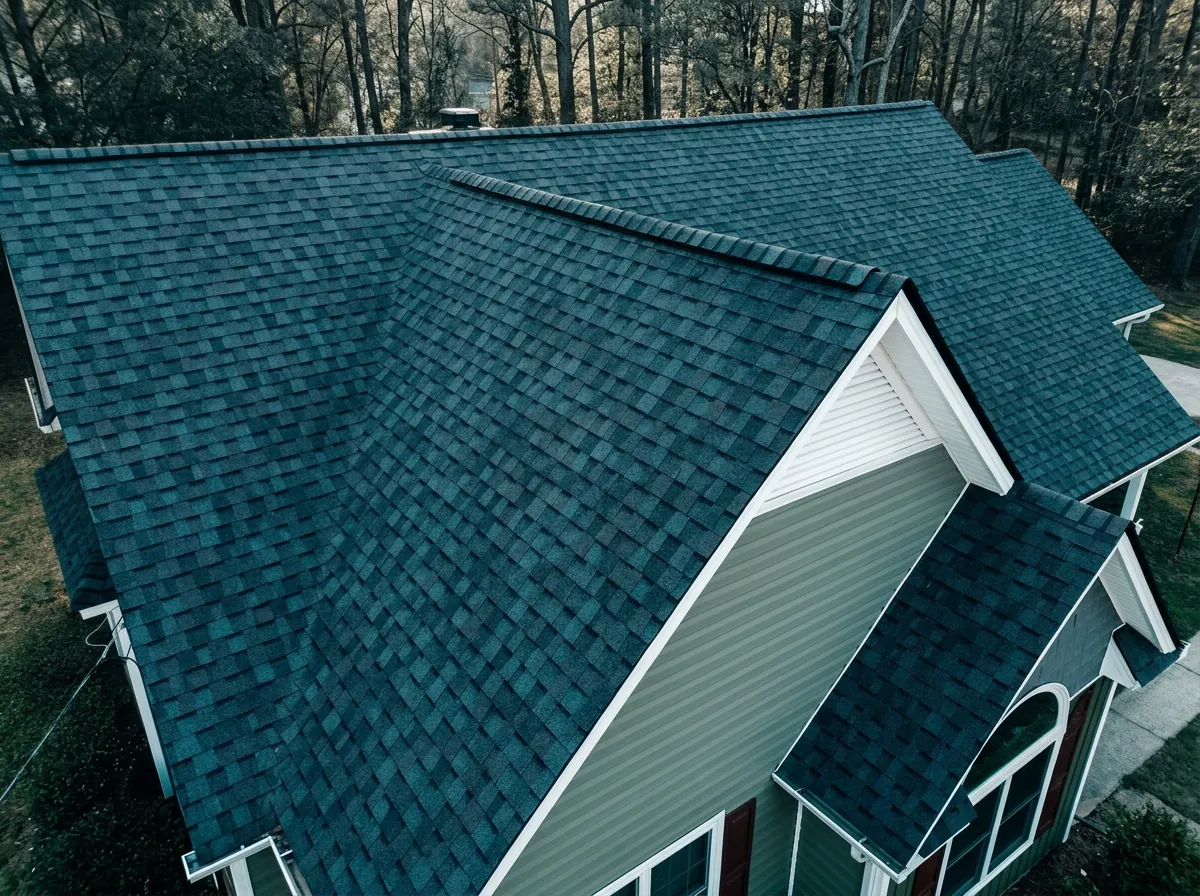 Close aerial view of charcoal shingles and capped ridge ventilation — roofing near Wilson, NC