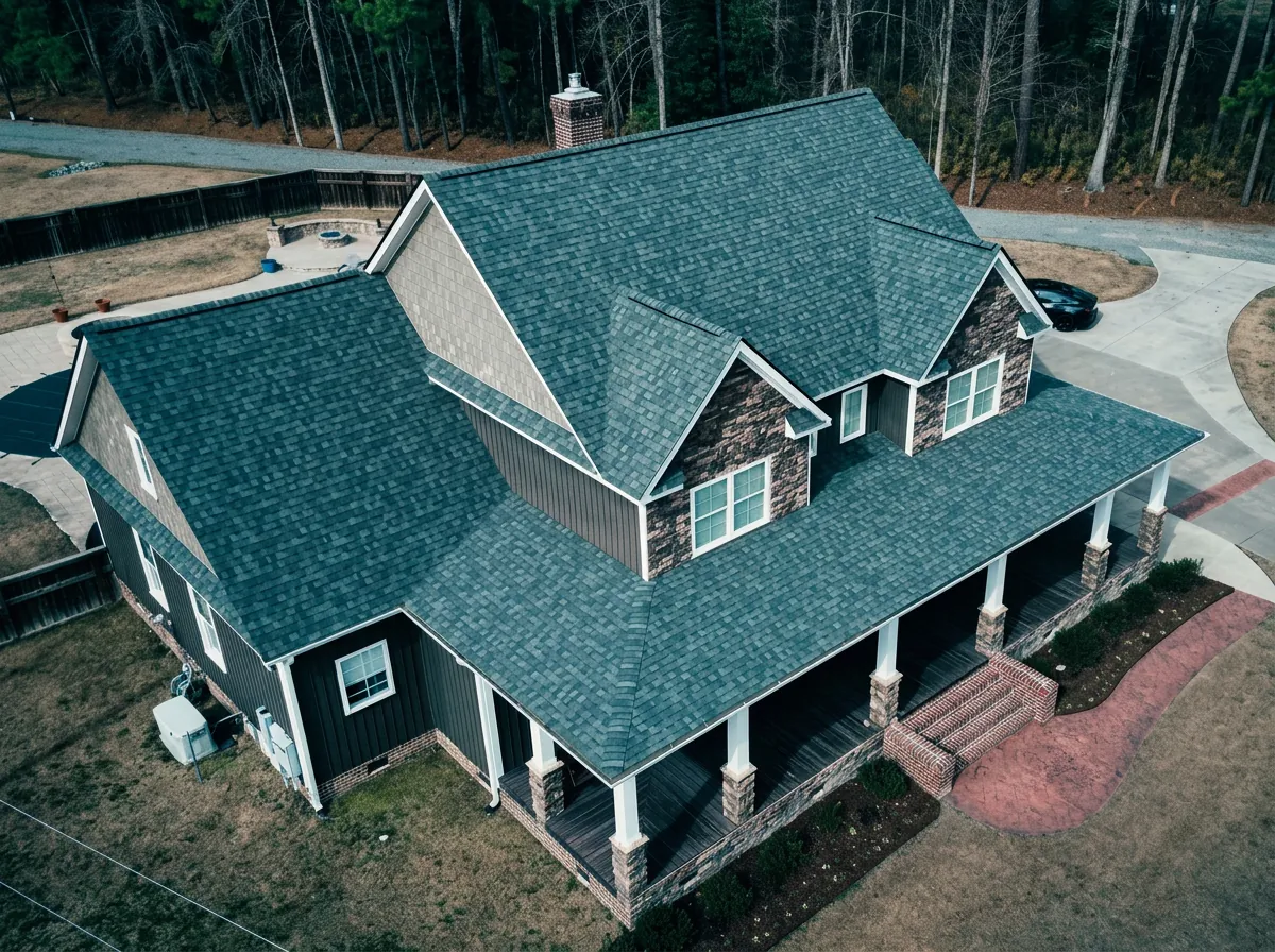 Aerial view of a craftsman home with a new dimensional shingle roof — roofing near Kinston, NC