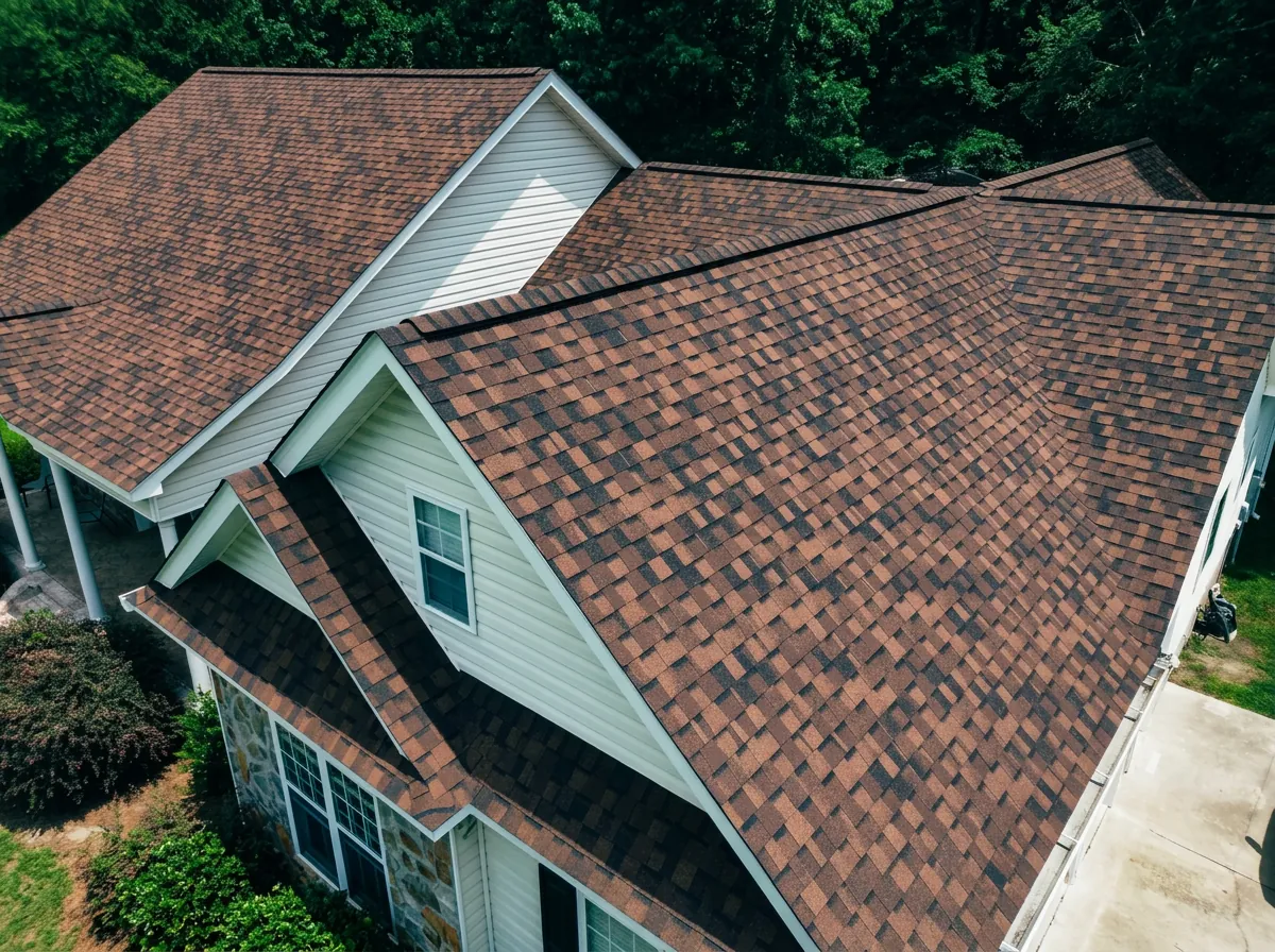 Aerial view of a completed brown architectural shingle roof on an Eastern NC home