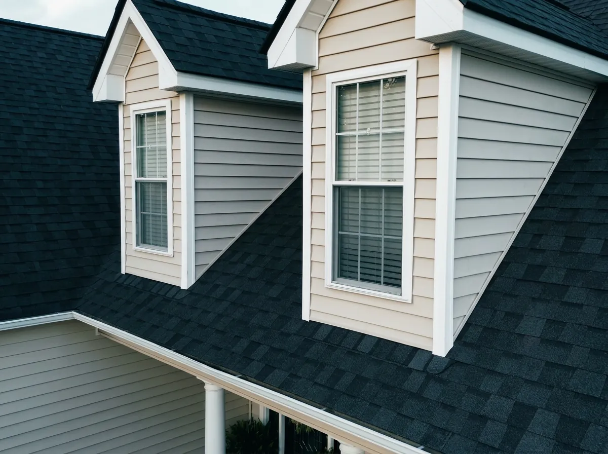 Charcoal architectural shingle roof with white dormer trim