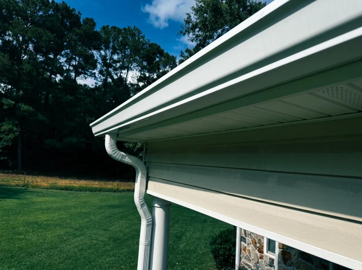 Seamless white gutter and downspout installed along a roof eave
