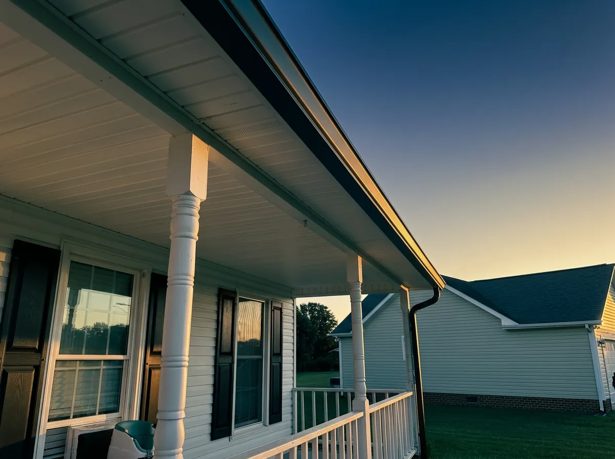 White soffit and fascia with dark gutter along a covered front porch — roofing near Dudley, NC