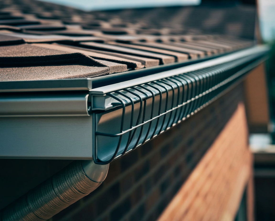 Seamless metal gutter with a gutter guard along a roofline