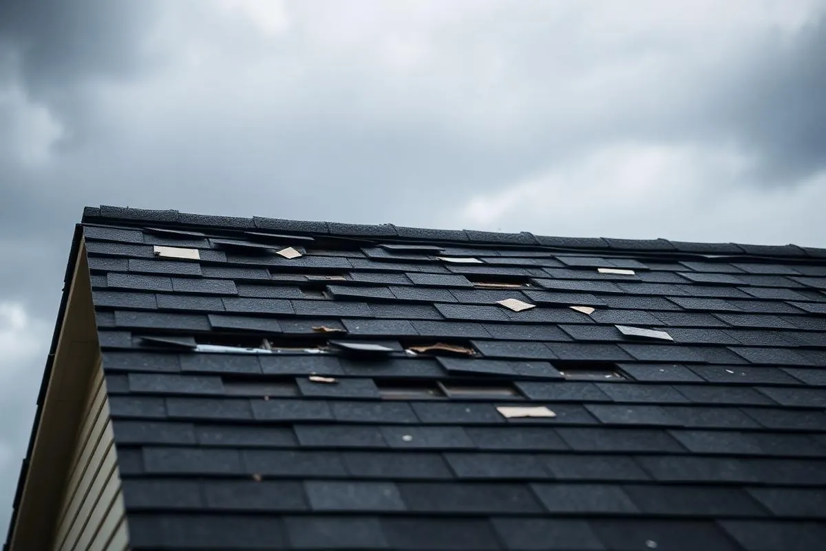 Storm damaged roof with missing shingles under a dark sky